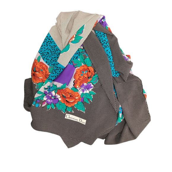 Christian Dior Scarf Women’s One Size Silk Polka Dots And Flowers Multicolor - Picture 2 of 5
